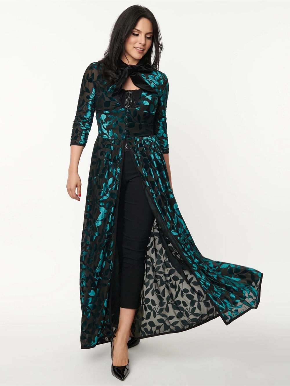 Unique Vintage Emerald Leaf Devore Velvet Hollywood Duster